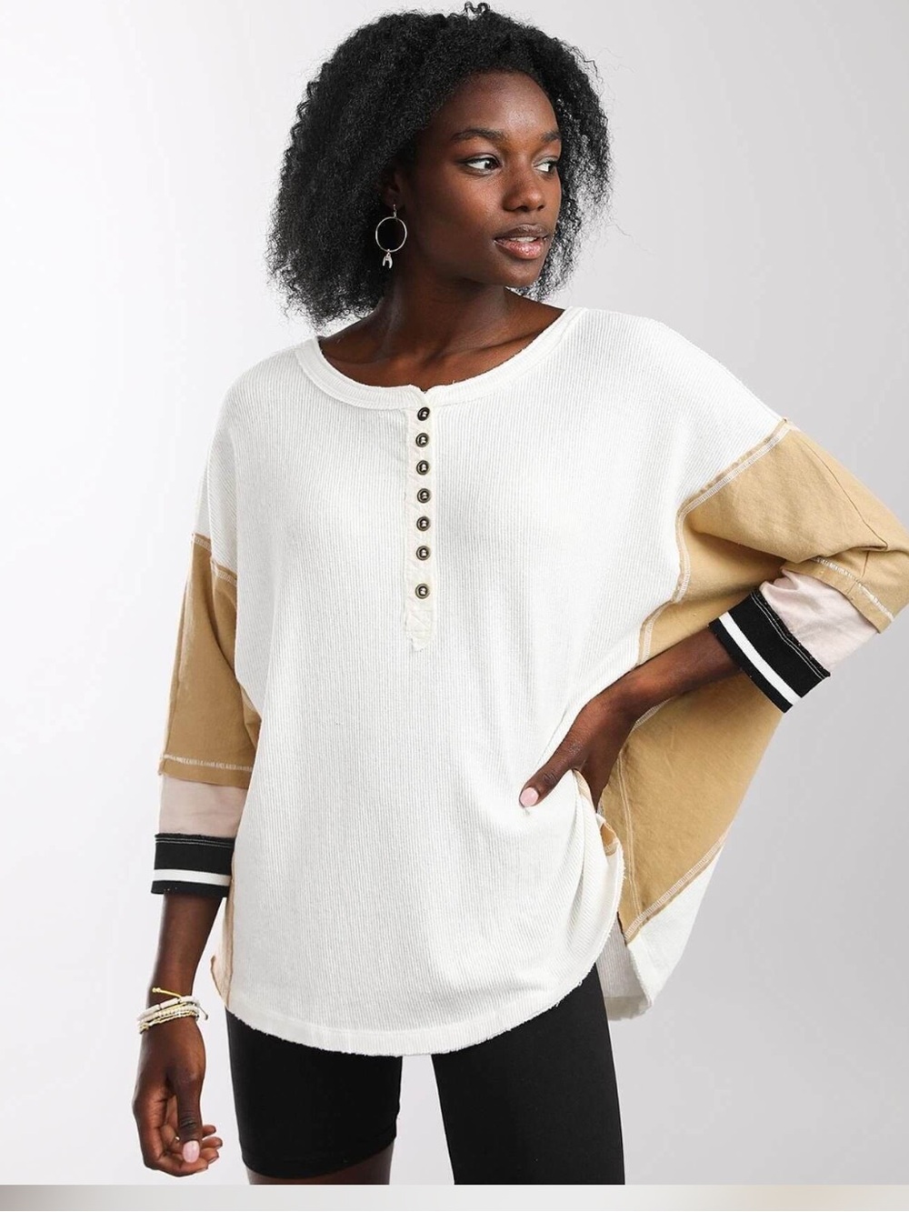 We The Free Free People Just Tip It Henley Top Medium White Tan Color Block